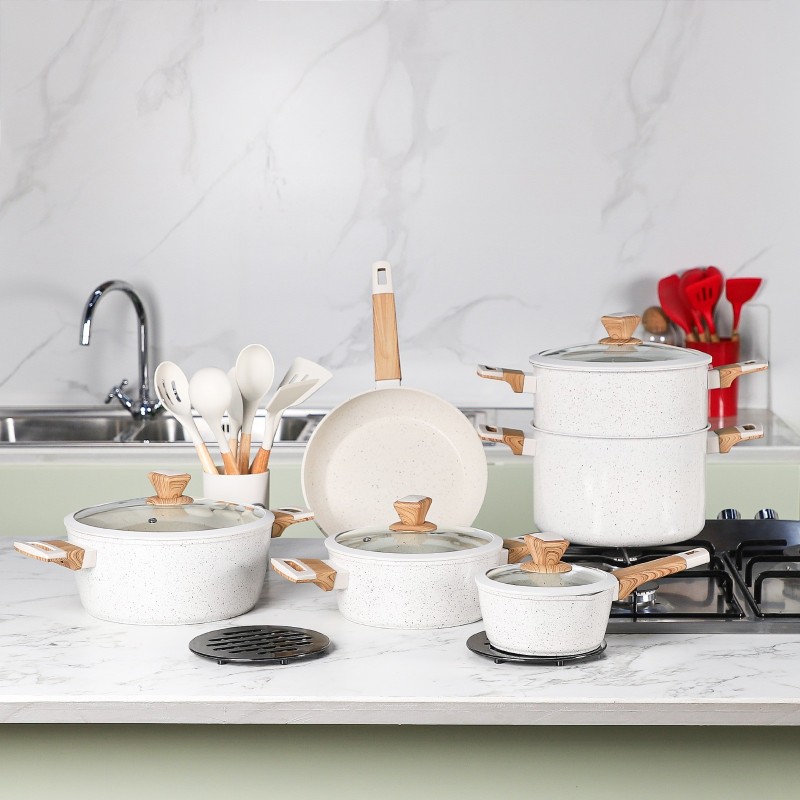 Sizar- Batterie de cuisine 19 pièces en granite Blanc Cassé