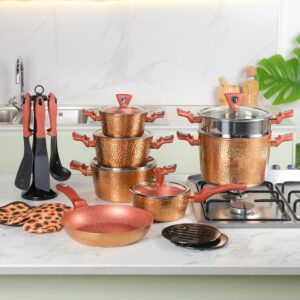 Sizar- Batterie de cuisine 23 pièces en granite Effet Cuivre Martelé