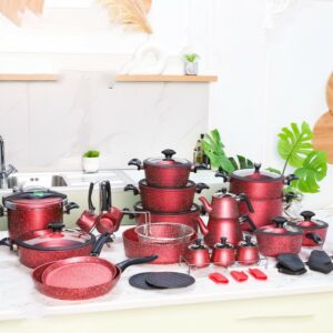 Falez - Batterie de Cuisine en Granite 53 Pièces Rouge