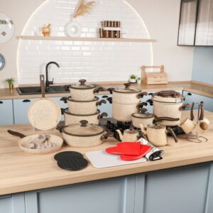 Falez - Batterie de Cuisine en Granite 50 Pièces Beige