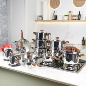 Falez- Batterie de Cuisine en Inox 18/11 45 Pièces Bois