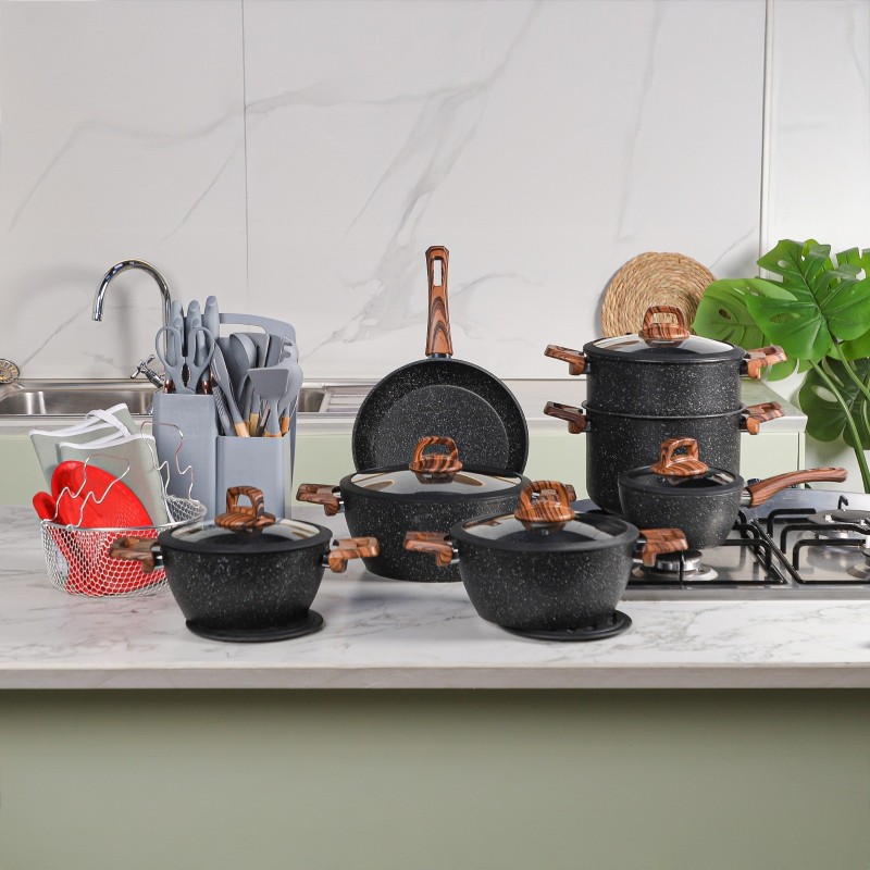 Falez - Batterie de Cuisine en Granite 37 Pièces Noir