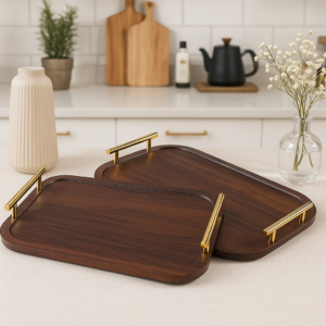Série 2 Plateaux en Bois Naturel avec Poignées Dorées