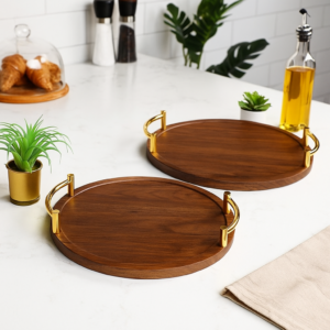 Série de 2 Plateaux Ronds en Bois avec Poignées Dorées