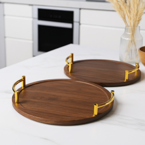 Série de 2 Plateaux Ronds en Bois avec Poignées Dorées