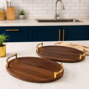 Série de 2 Plateaux Ovales en Bois avec Poignées Dorées