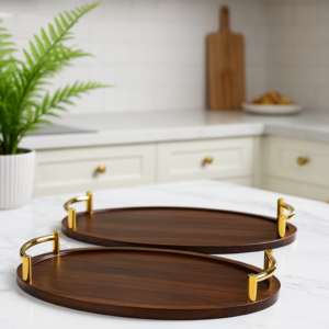 Série de 2 Plateaux Ovales en Bois avec Poignées Dorées