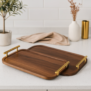 Série 2 Plateaux en Bois Naturel avec Poignées Dorées