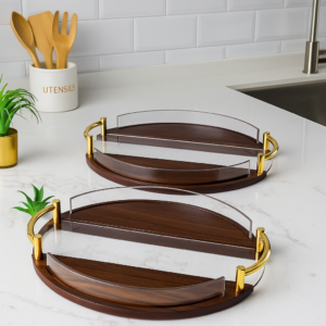 Série de 2 Plateaux Ronds Bois & Plexiglass