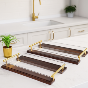 Série de 2 Plateaux Rectangulaires Bois & Plexiglass