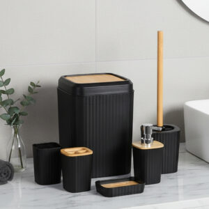 Ensemble Salle de Bain 7 Pièces en Plastique Noir & Bois
