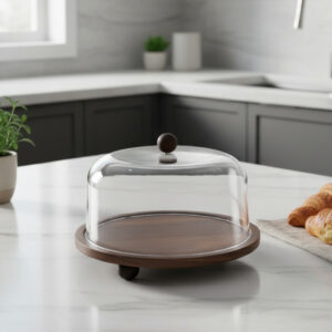 Présentoir à Gâteau en Bois avec Couvercle Transparent 27 cm