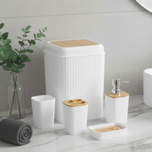 Ensemble Salle de Bain 7 Pièces en Plastique Blanc & Bois