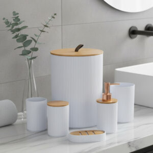 Ensemble Salle de Bain 7 Pièces en Plastique Blanc & Bois