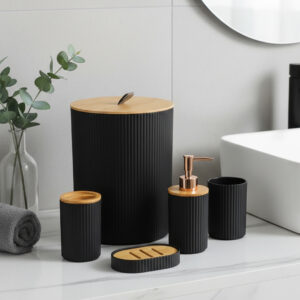 Ensemble Salle de Bain 7 Pièces en Plastique Noir & Bois