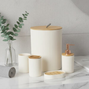 Ensemble Salle de Bain 7 Pièces en Plastique Beige & Bois