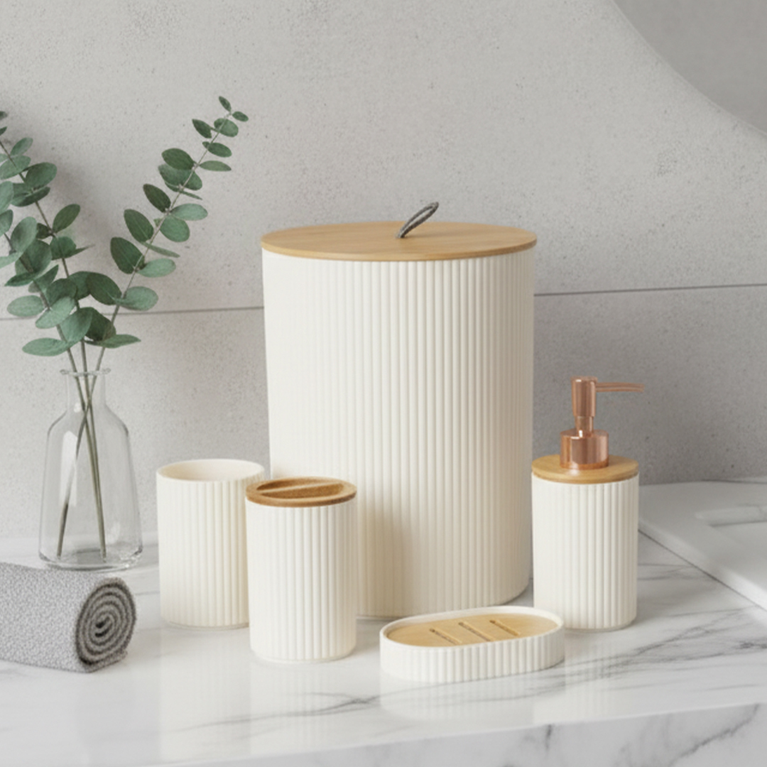 Ensemble Salle de Bain 7 Pièces en Plastique Beige & Bois