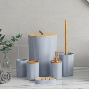 Ensemble Salle de Bain 7 Pièces en Plastique Gris & Bois