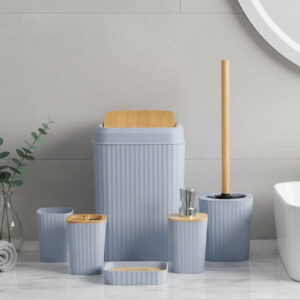Ensemble Salle de Bain 7 Pièces en Plastique Gris & Bois