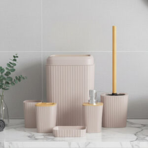 Ensemble Salle de Bain 7 Pièces en Plastique Beige & Bois