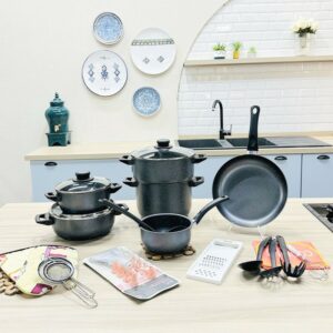 Granitalia - Batterie de cuisine 36 pièces en Granite Gris Foncé