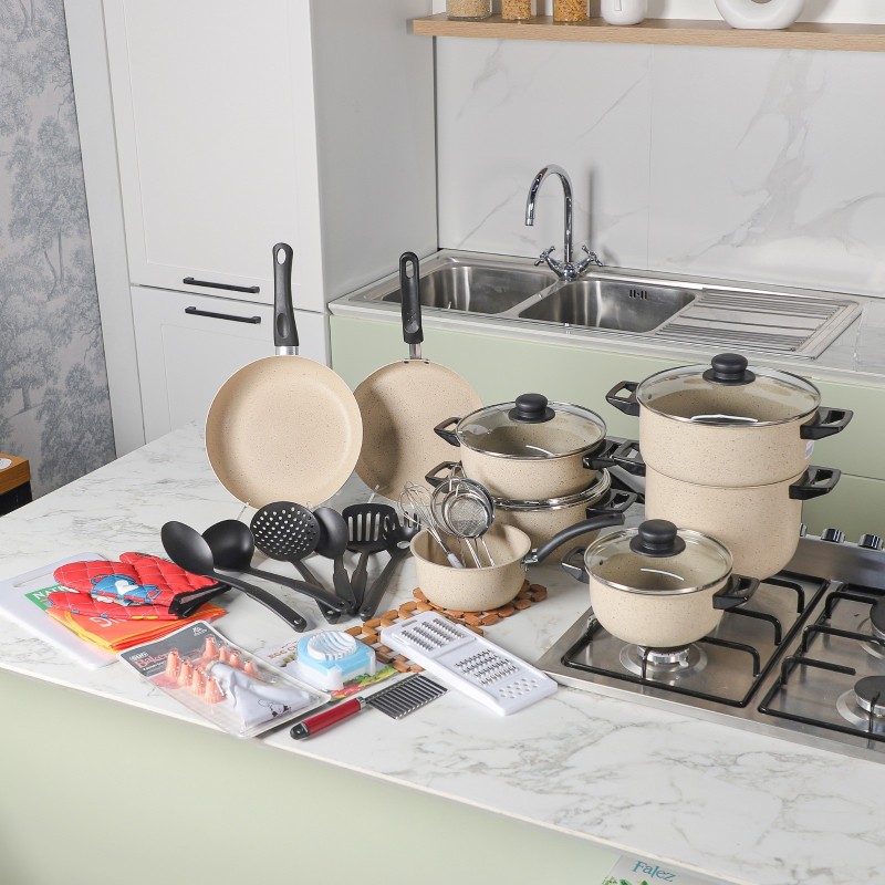 Granitalia - Batterie de cuisine 45 pièces en Granite Biege