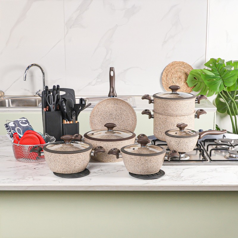 Falez - Batterie de Cuisine en Granite 37 Pièces Beige