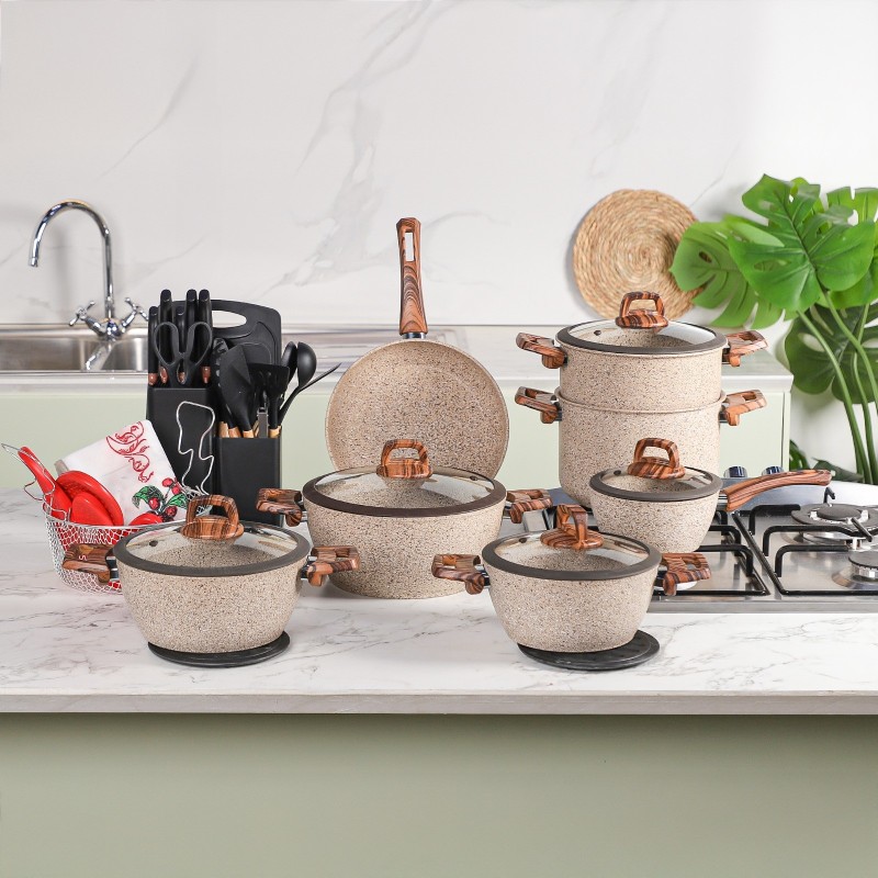 Falez - Batterie de Cuisine en Granite 37 Pièces Beige