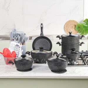 Falez - Batterie de Cuisine en Granite 37 Pièces Noir