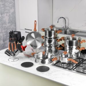 Falez- Batterie de Cuisine 43 Pièces Inox 18/10 Edition Bois