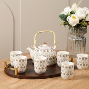 Service Théière avec Anse Tressée & 6 Tasses en Céramique