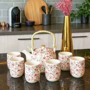 Service Théière avec Anse Tressée & 6 Tasses en Céramique