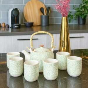 Service Théière avec Anse Tressée & 6 Tasses en Céramique