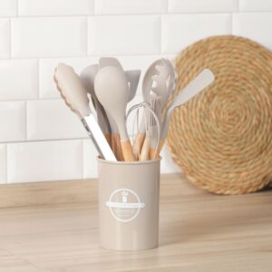 Set de 12 Ustensiles de Cuisine en Silicone avec Poignées en Bois – Ecru