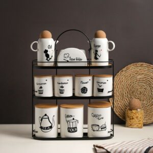 Set Porte-Épices en Céramique avec Support en Bois – 10 Pots