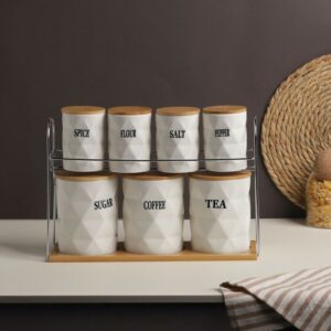 Set Porte-Épices en Céramique avec Support en Bois – 7 Pots