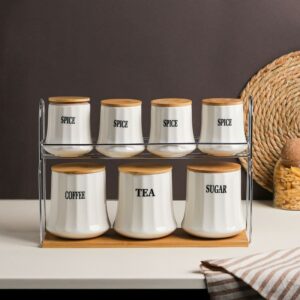 Set Porte-Épices en Céramique avec Support en Bois – 7 Pots