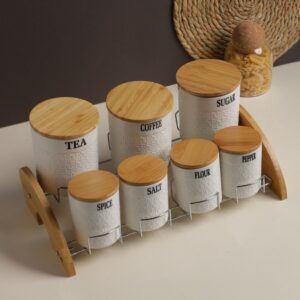 Set Porte-Épices en Céramique avec Support en Bois – 7 Pots