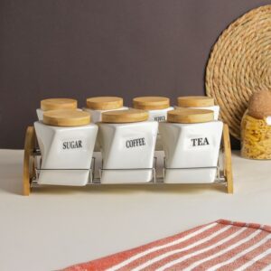 Set Porte-Épices en Céramique avec Support en Bois – 7 Pots