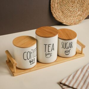 Série de 3 Pots à Épices en Céramique avec Support en Bois