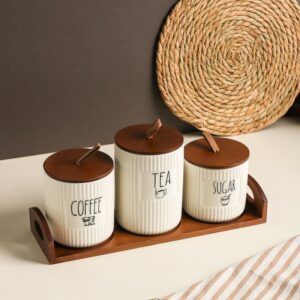 Série de 3 Pots à Épices en Céramique avec Support en Bois