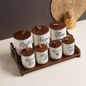 Set Porte-Épices en Céramique avec Support en Bois – 7 Pots
