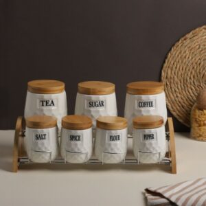 Set Porte-Épices en Céramique avec Support en Bois – 7 Pots