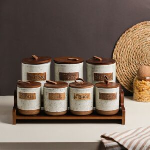 Set Porte-Épices en Céramique avec Support en Bois – 7 Pots