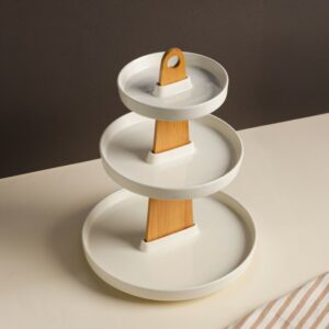 Présentoir à Gâteaux 3 Niveaux en Céramique et Bois