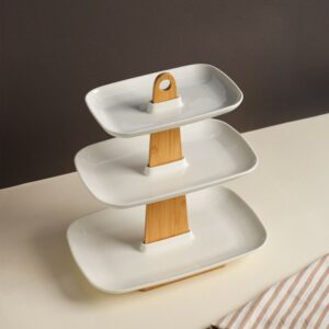 Présentoir à Gâteaux 3 Niveaux en Céramique et Bois