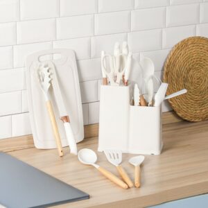 Set de 19 Ustensiles de Cuisine en Silicone avec Poignées en Bois – Ecru