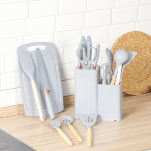 Set de 19 Ustensiles de Cuisine en Silicone avec Poignées en Bois – Gris