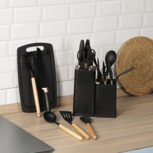 Set de 19 Ustensiles de Cuisine en Silicone avec Poignées en Bois – Noir