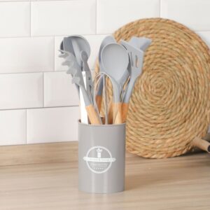 Set de 12 Ustensiles de Cuisine en Silicone avec Poignées en Bois – Gris